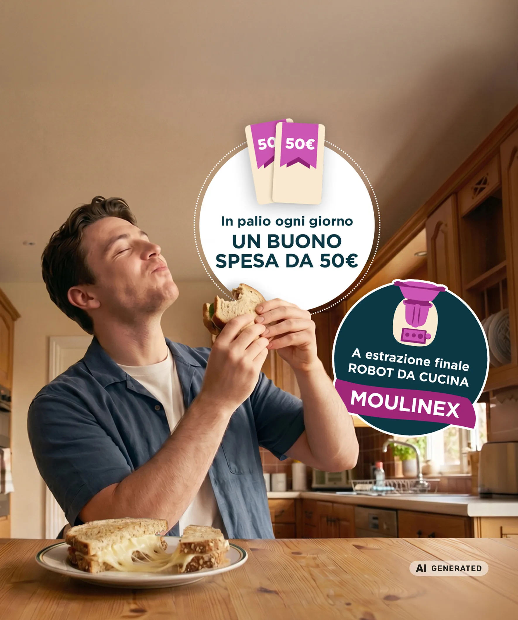 Uomo che mangia un panino con formaggio Bayernland