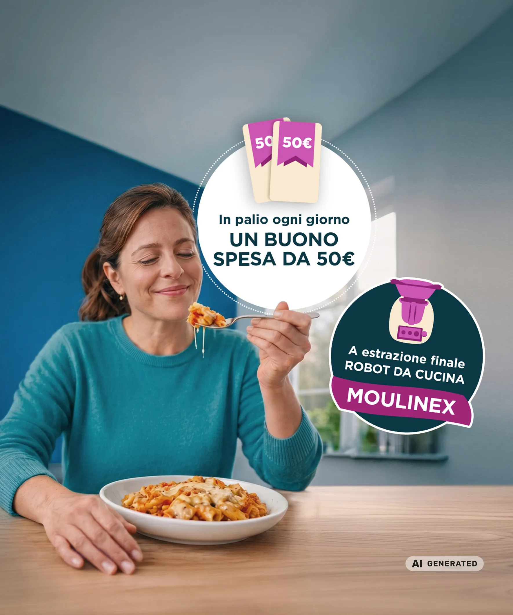 Donna che mangia un piatto di pasta con formaggio Bayernland
